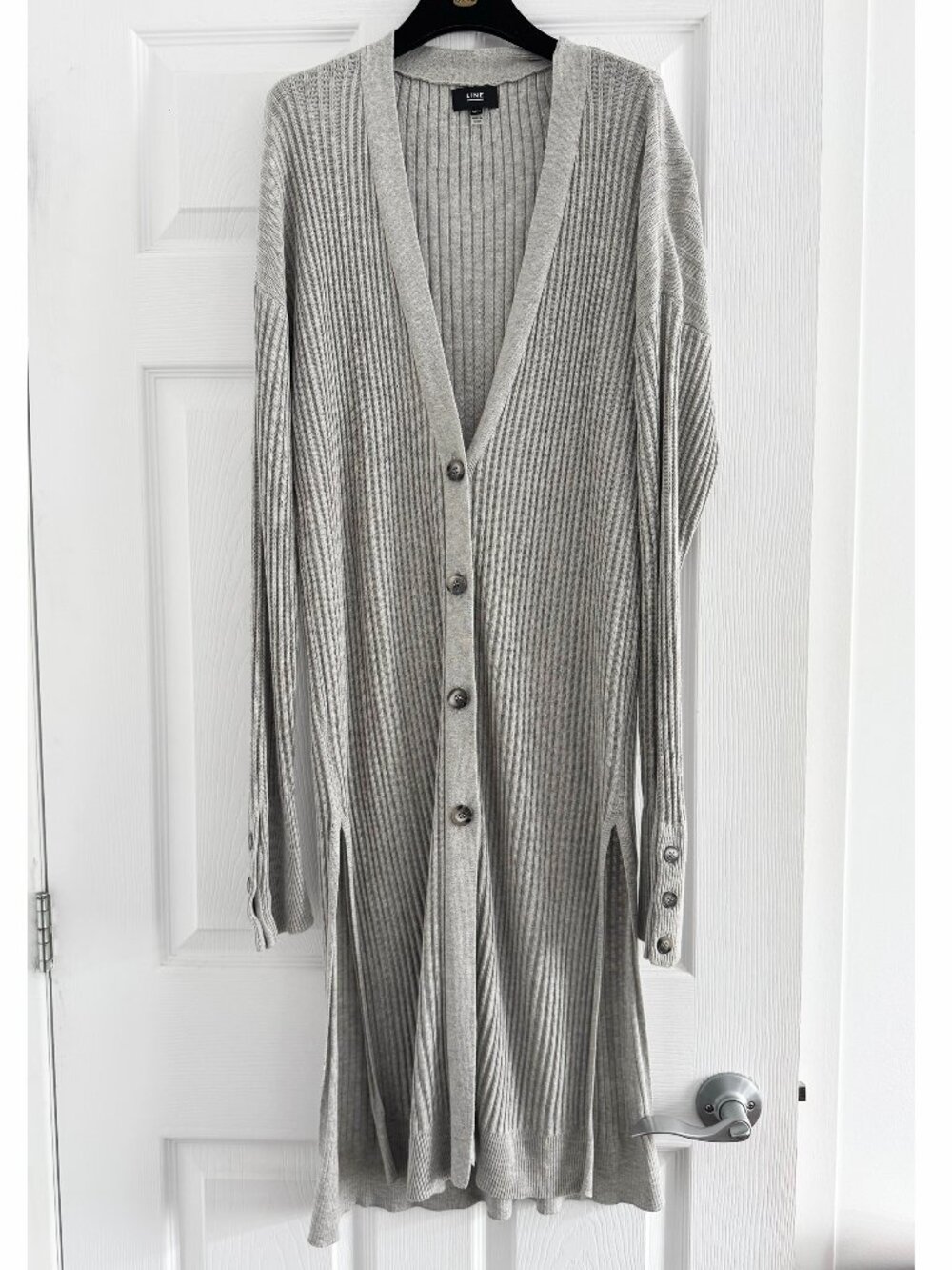 Line Knitwear Ribbed Long Cardigan in Grey, size Medium